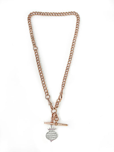 Unique necklace crafted using sustainable recycled rose gold, a repurposed antique Victorian T-bar clasp and a one-off hand-crafted filigree charm depicting a beehive, secondary view