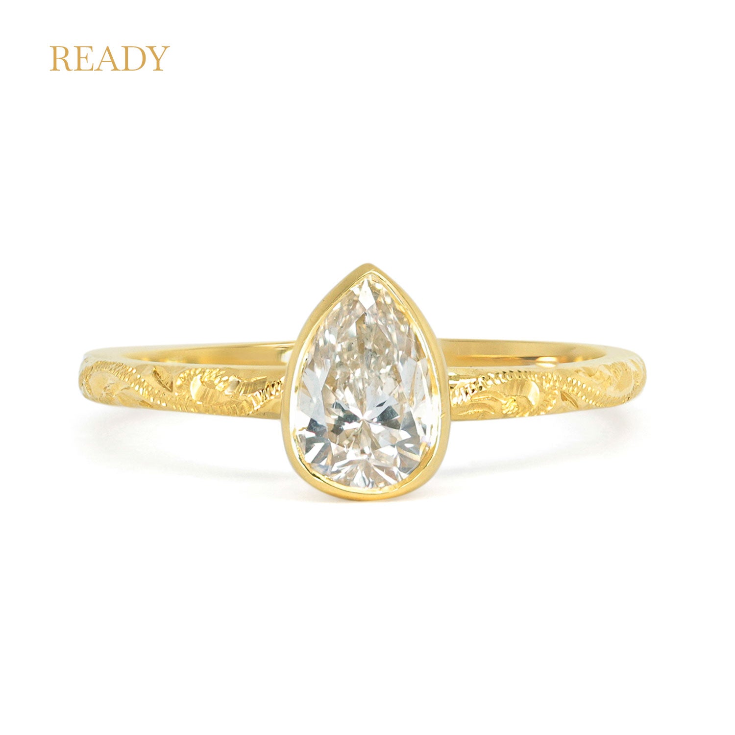 Lebrusan Studio Fancy Hera engagement ring with 0.72ct old cut recycled diamond, recycled gold and hand engraving - ready to wear 